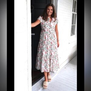 Madison Mathews Midi Folly Floral Feminine Dress in Pink and White Size XS